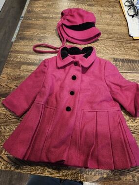 Vintage Freeway Fashions Girls' Fuchsia Pink Wool Pea Coat with Matching Hat 2T